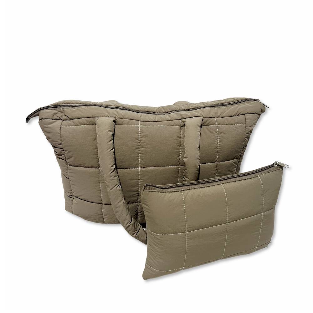 Set Borsa Tote + pochette trapuntata puffer louise Tortora Personalizzato