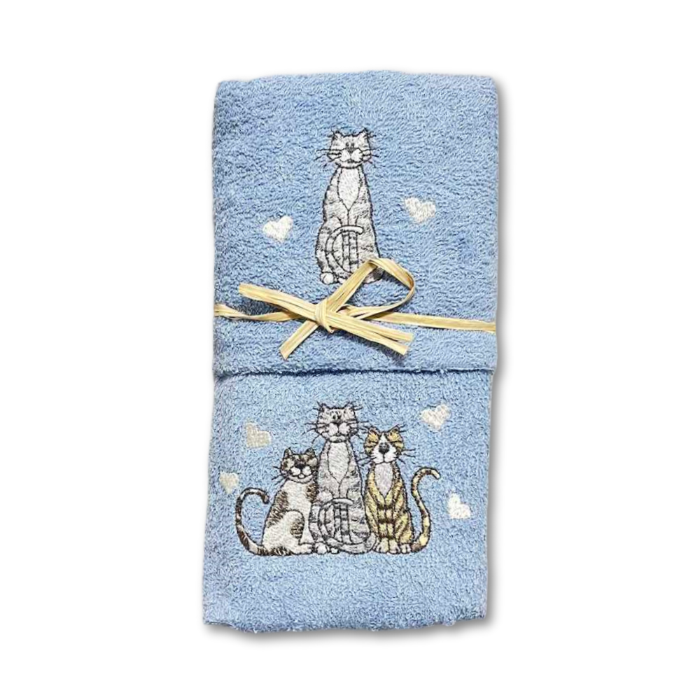 Coppia asciugamani Gatti ricamati azzurro