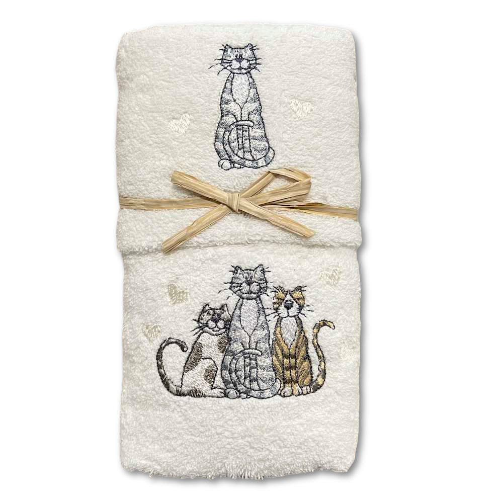 Coppia asciugamani Gatti ricamati bianchi