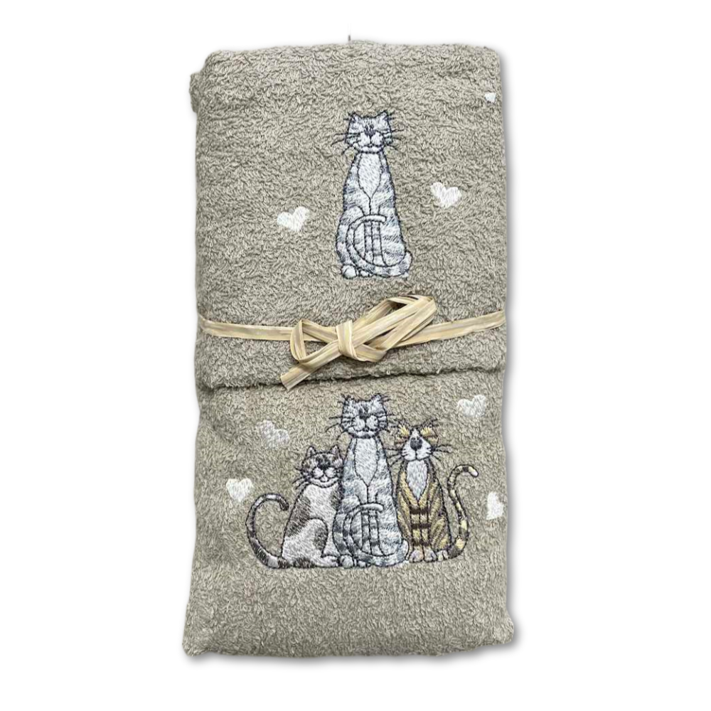 Coppia asciugamani gattini ricamati tortora