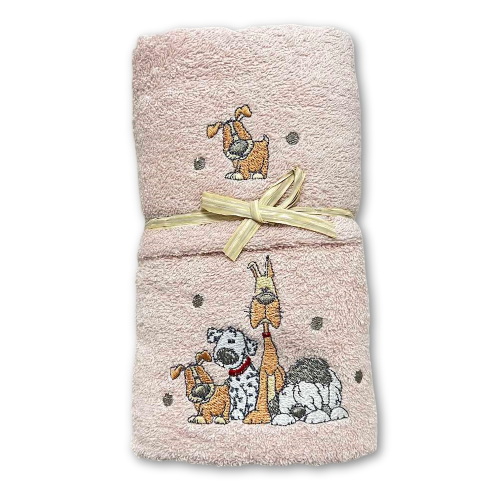 Coppia asciugamani Cani ricamati rosa
