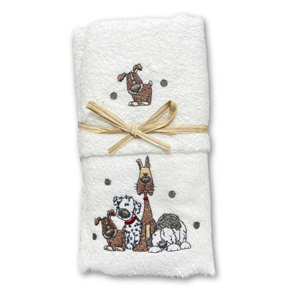 Coppia asciugamani Cani ricamati bianco