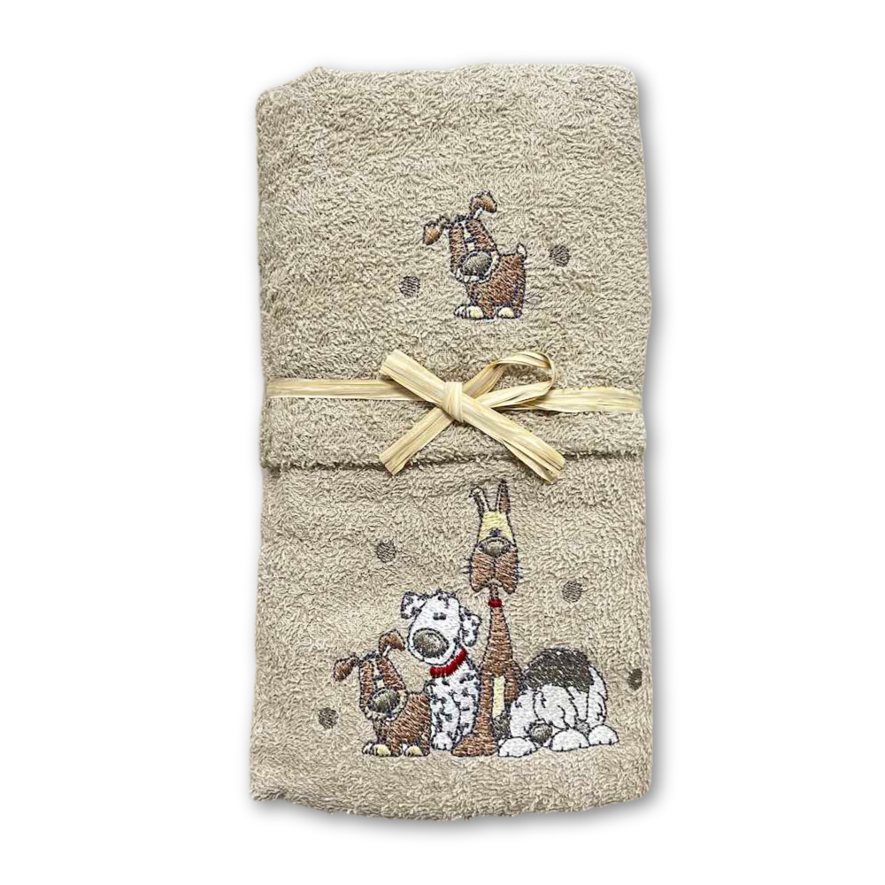 Coppia asciugamani cagnolini ricamati tortora