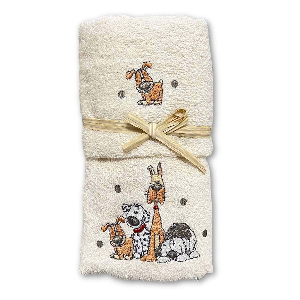 Coppia asciugamani cagnolini ricamati panna