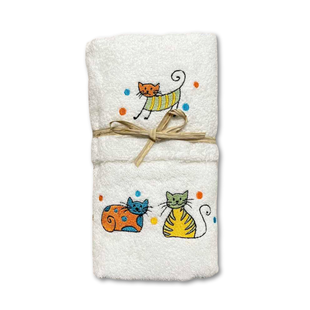 Coppia asciugamani balza ricamata gatti arcobaleno bianchi