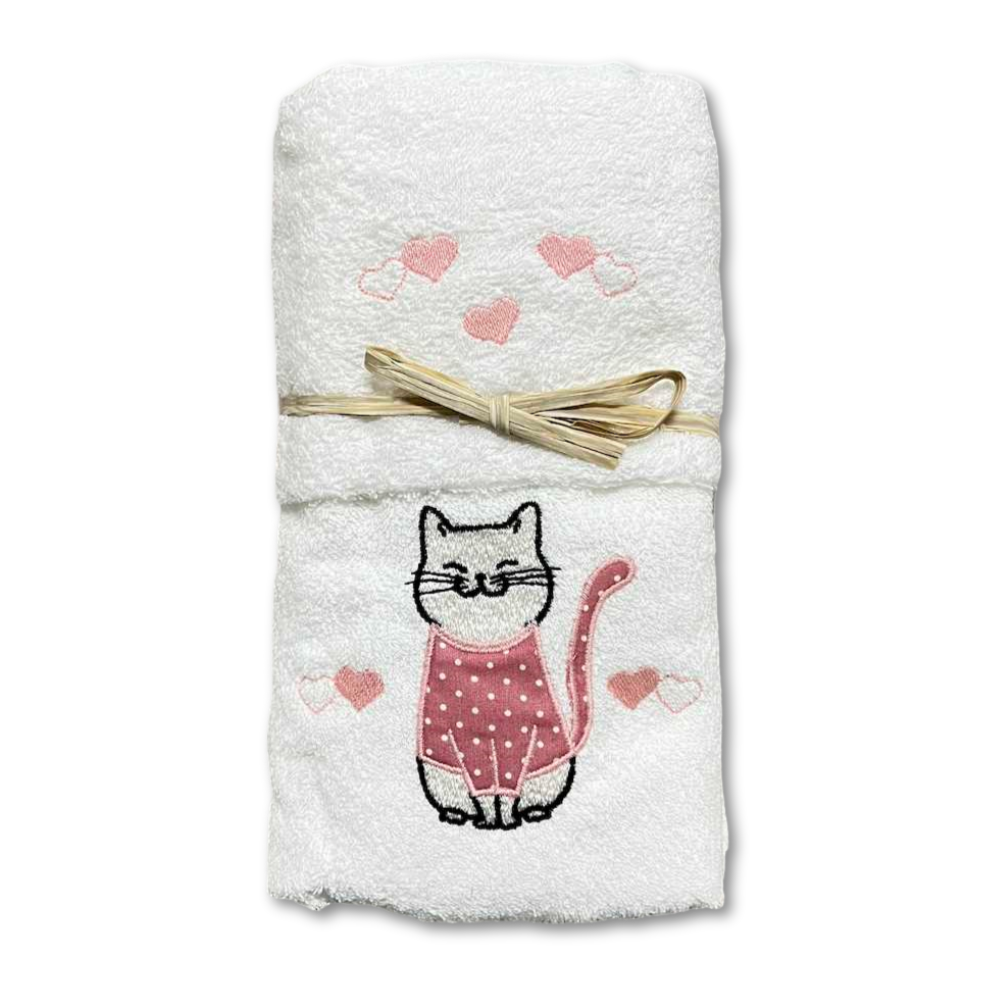 Coppia asciugamani bianca Gattone rosa fondo bianco