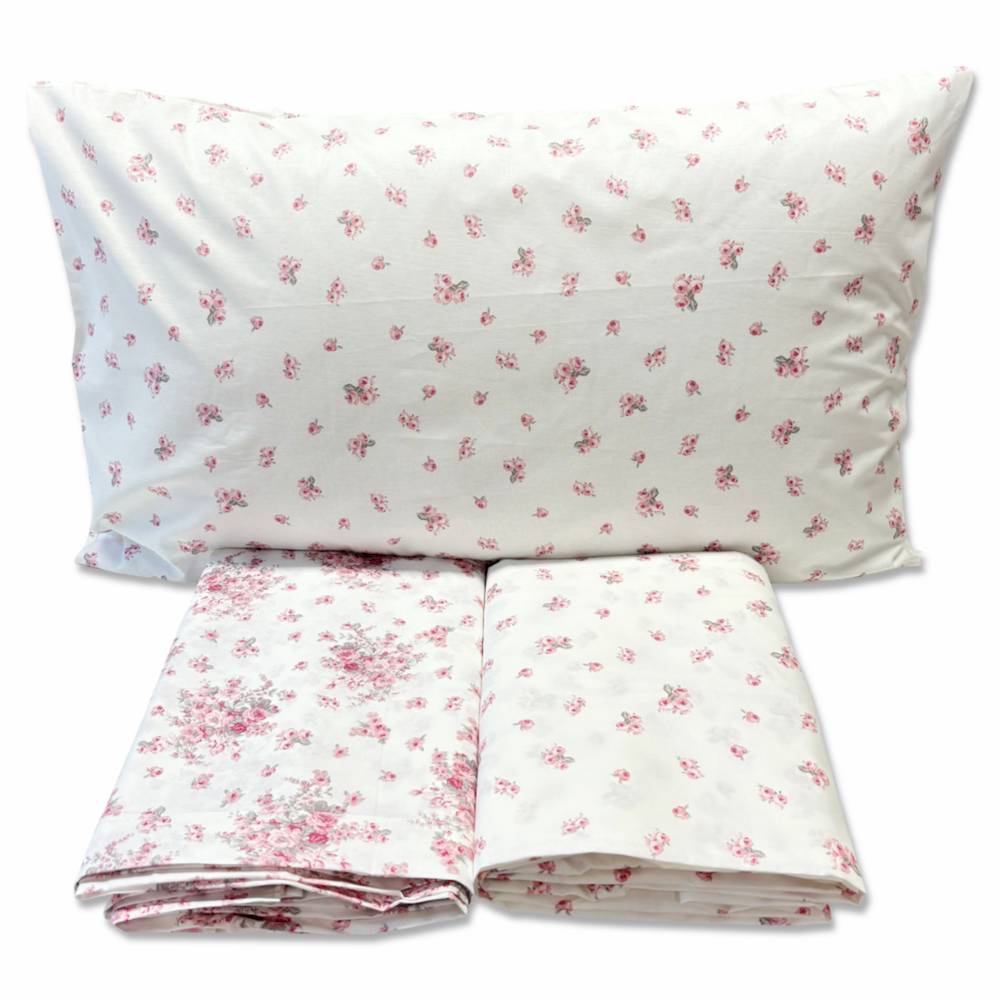 Completo Lenzuola Volant Fiorellini rosa matrimoniale