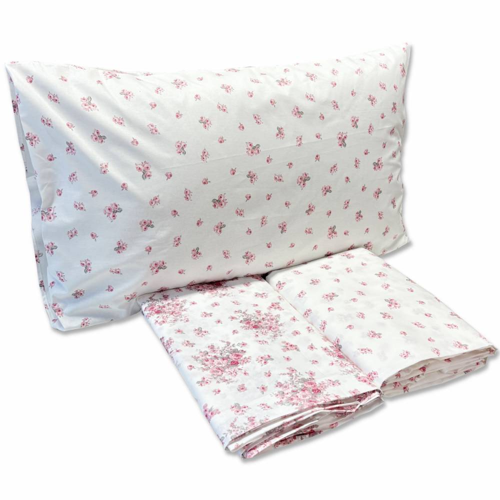 Completo Lenzuola Volant Fiorellini rosa matrimoniale