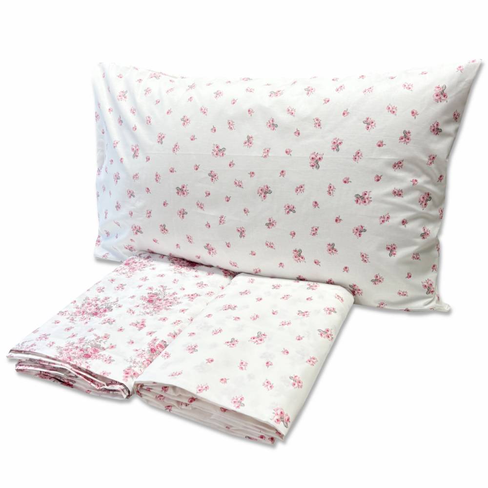 Completo Lenzuola Volant Fiorellini rosa matrimoniale