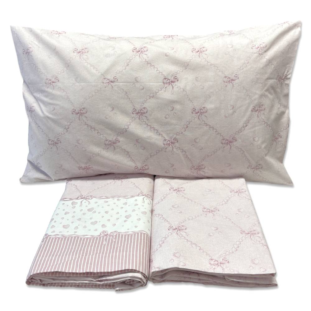 Completo Lenzuola Volant fiocchi e cuori rosa matrimoniale