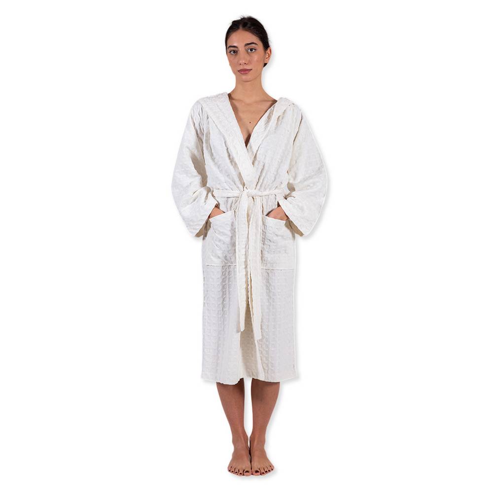 Accappatoio nido d' ape relax con cappuccio panna