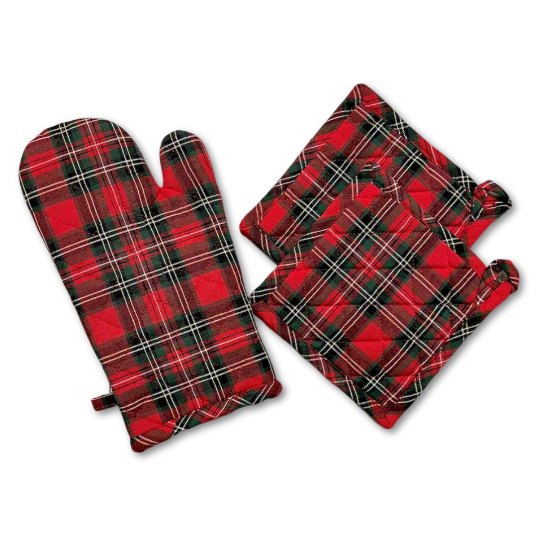 Set 2 presine + guanto forno Check Tartan rosso