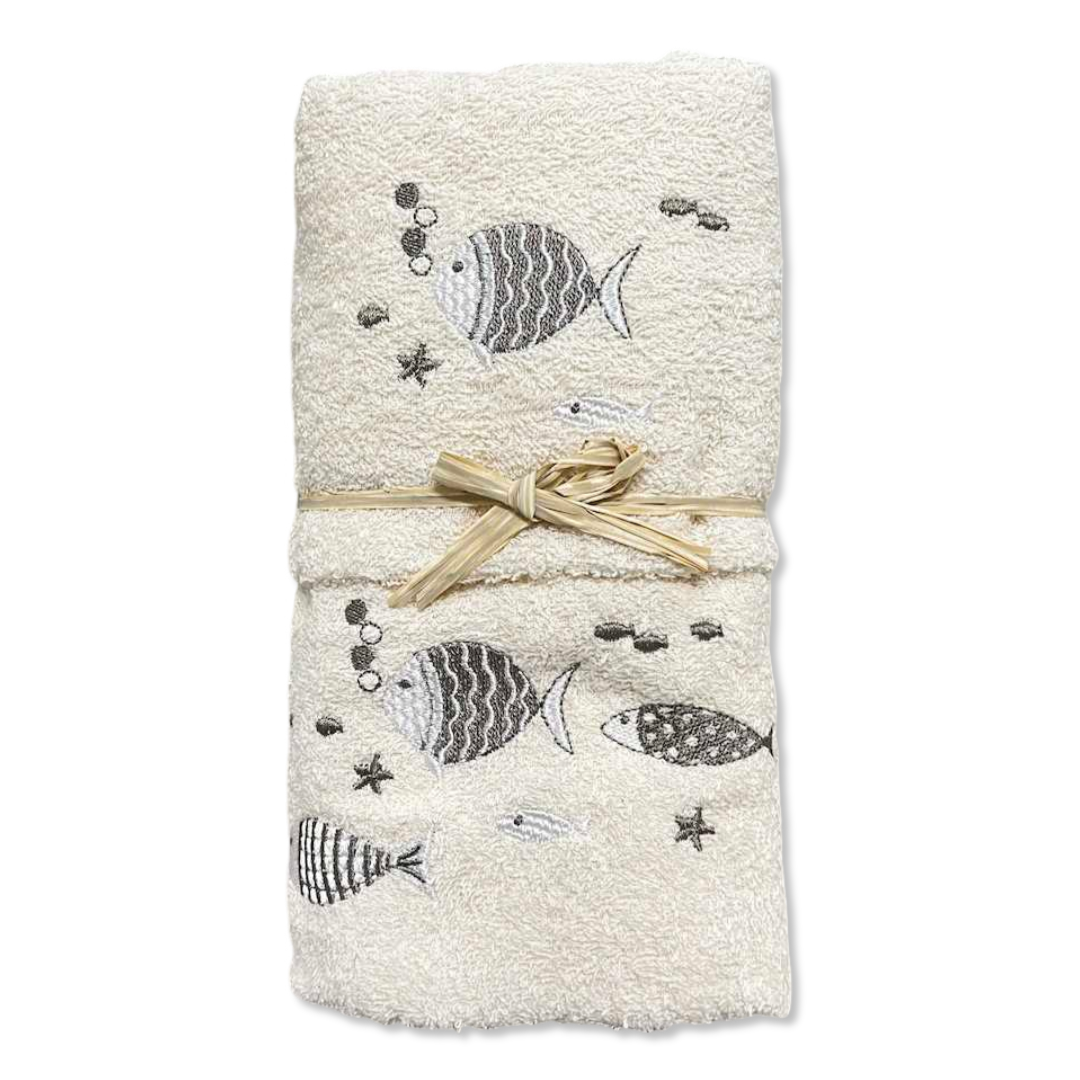 Coppia asciugamani pesciolini tortora ricamati fondo panna