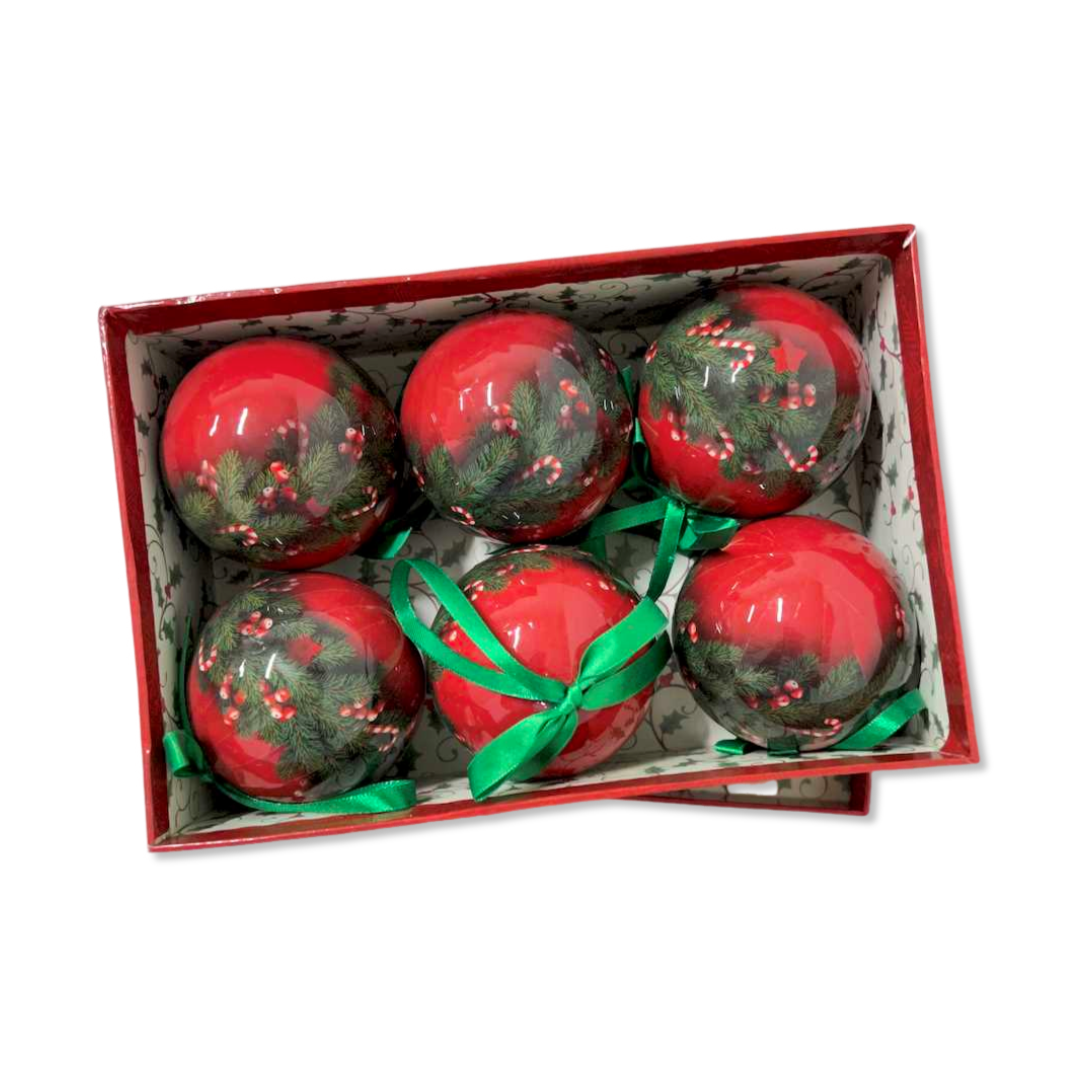 Confezione 6 palle natalizie aghi di pino diametro 8 cm con scatola