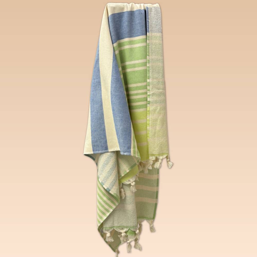 Fouta telo mare doppiato jacquard Lain righe verdi 90 x 170