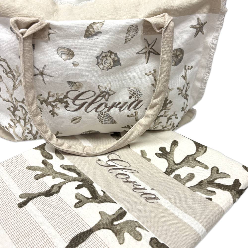 Borsa Mare + Fouta Corallo Tortora Personalizzati