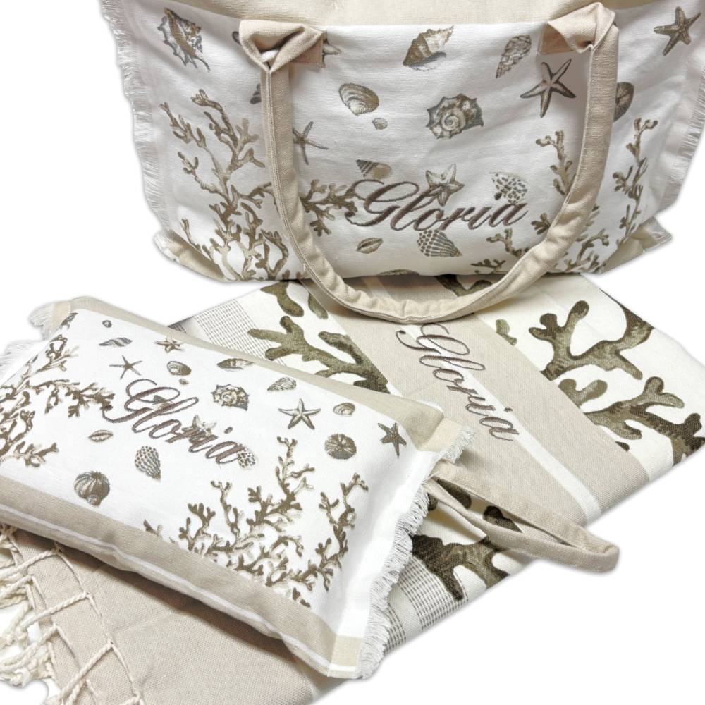 Set Telo mare + Borsa e Pochette Corallo Tortora Personalizzati