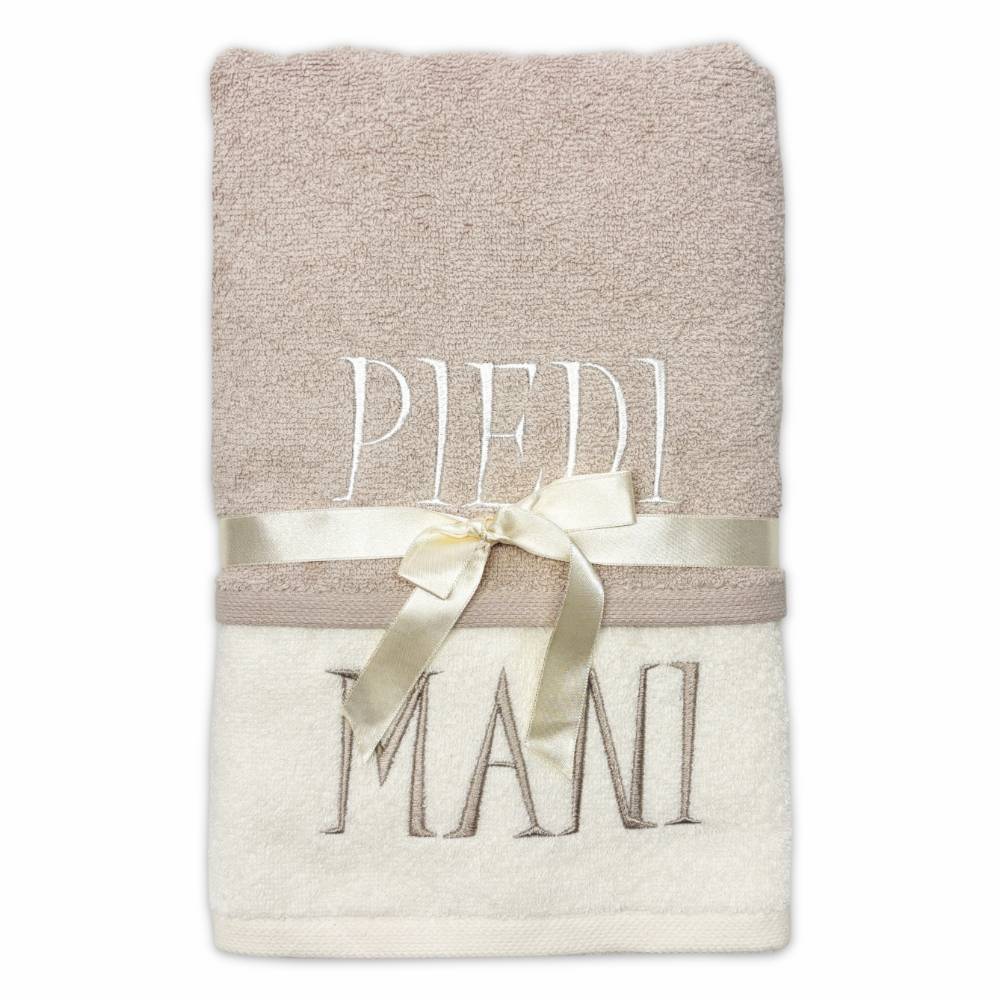 Coppia asciugamani Mani & Piedi ricamati Tortora