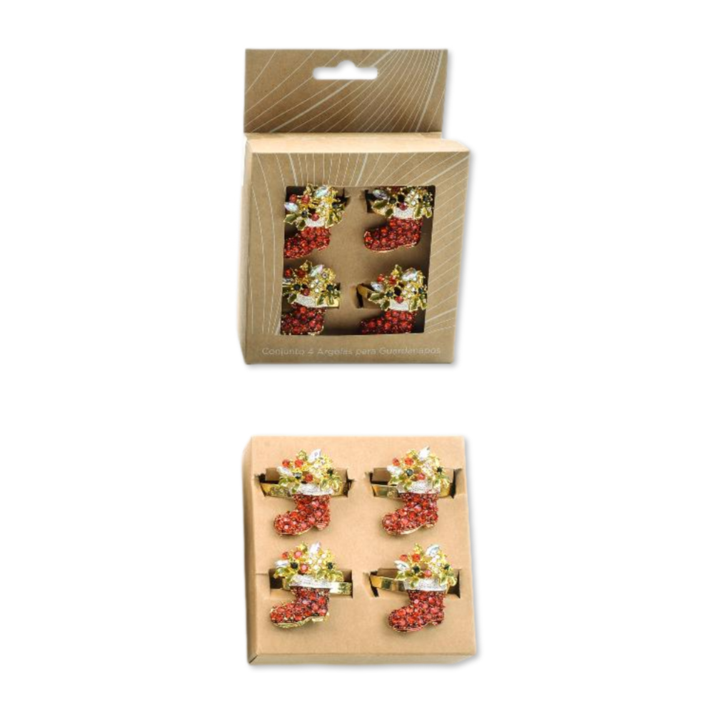 Set 4 portatovaglioli in metallo con Cristalli incastonati Stivale Babbo