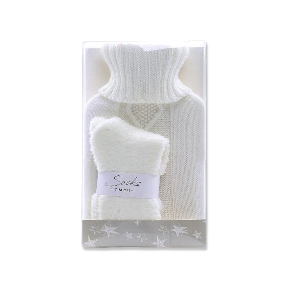 Borsa dell'acqua calda con federa in tessuto e Calze abbinate Bianca