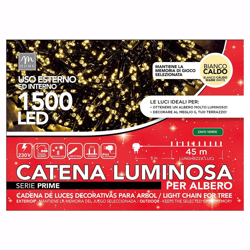 Catena Luminosa interno/esterno bianco caldo 1500 led filo verde