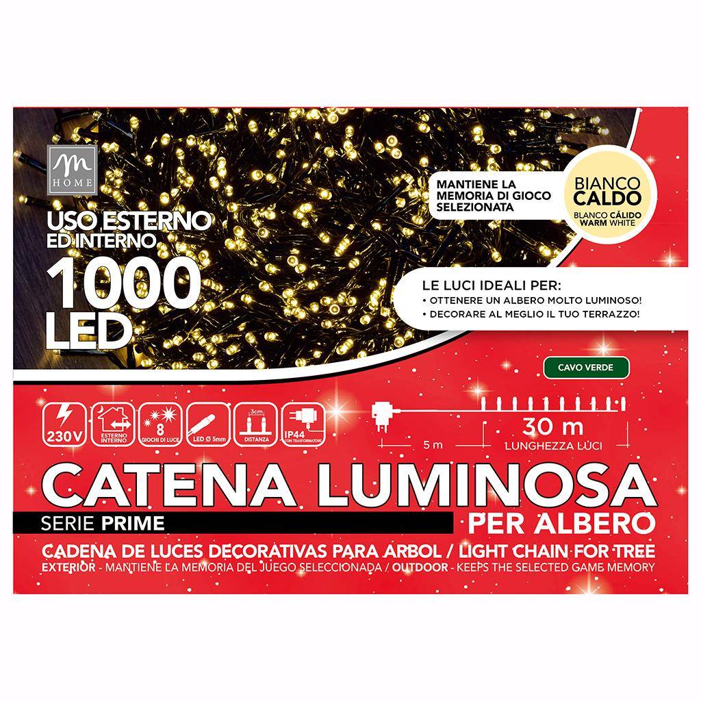 Catena Luminosa interno/esterno bianco caldo 1000 led filo verde