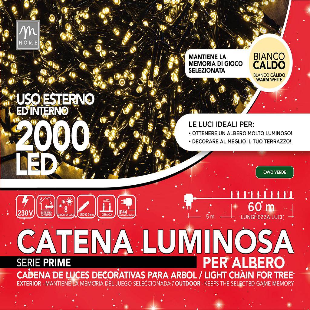 Catena Luminosa interno/esterno bianco caldo 2000 led filo verde