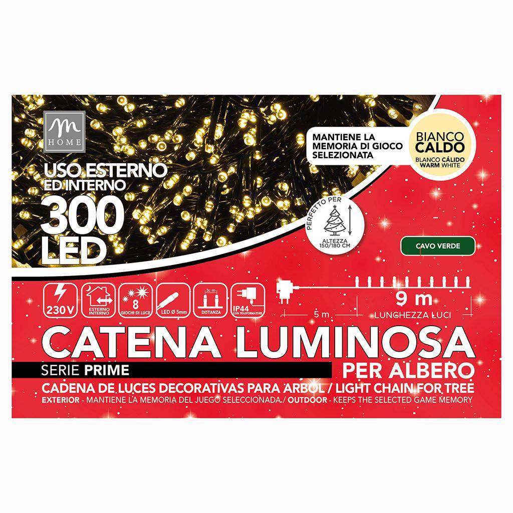 Catena Luminosa interno/esterno bianco caldo 300 led filo verde