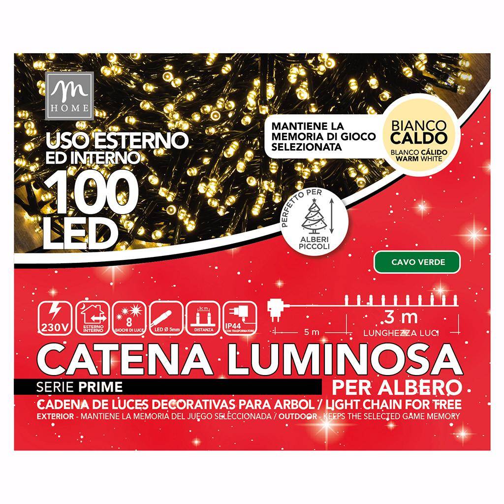 Catena Luminosa interno/esterno bianco caldo 100 led filo verde