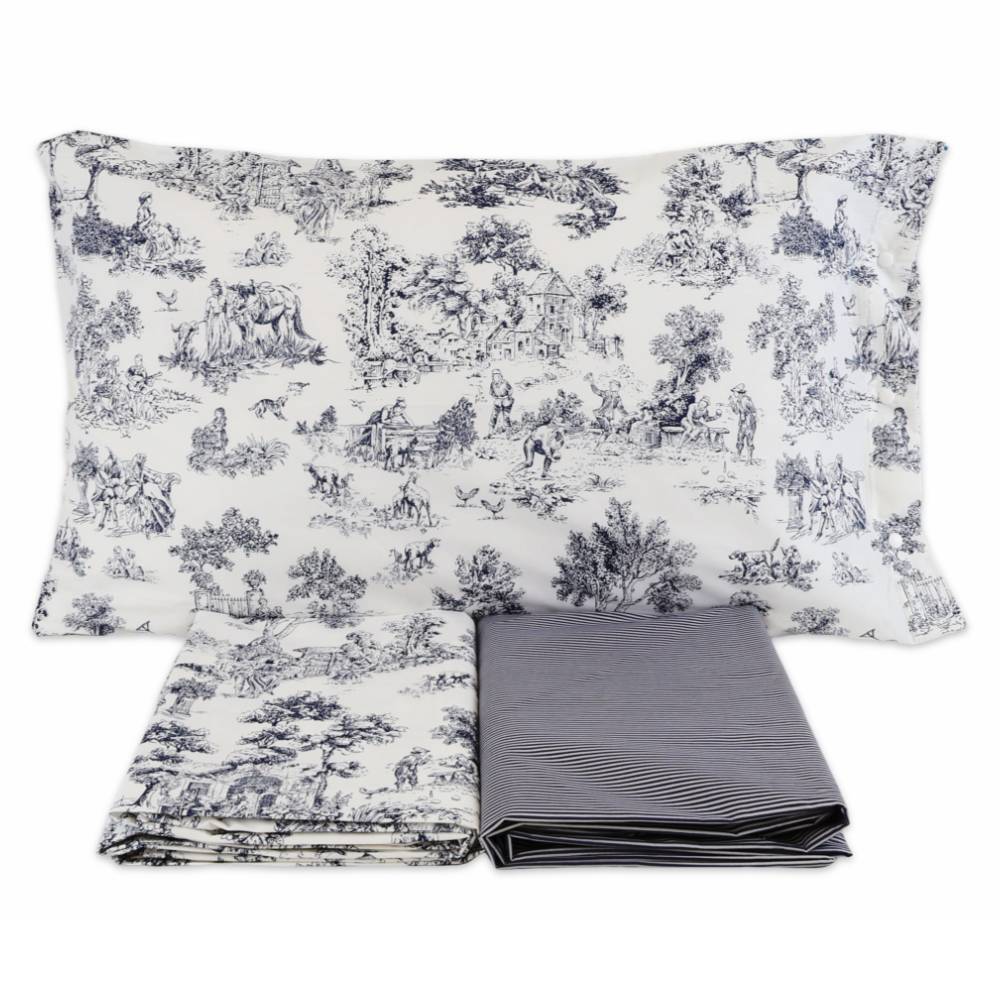 Completo Lenzuola Toile de jouy blu Matrimoniale
