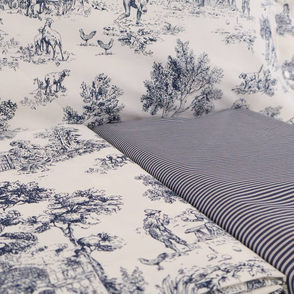 Completo Lenzuola Toile de jouy blu Matrimoniale