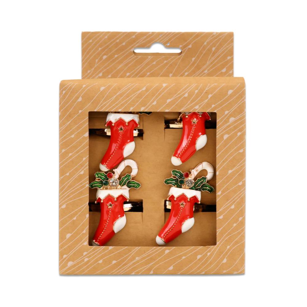 Set 4 portatovaglioli in metallo laccato Calza Natalizia