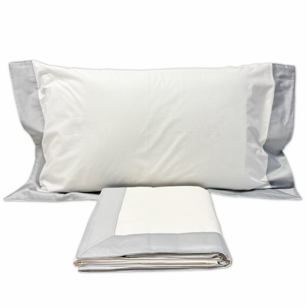 Completo Lenzuola CREOLE Cotone Balza Raso Panna/Grigio Matrimoniale Personalizzato