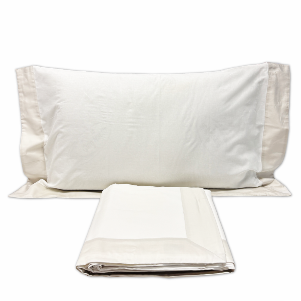 Completo Lenzuola CREOLE Cotone Balza Raso Panna/Ghiaccio Matrimoniale Personalizzato