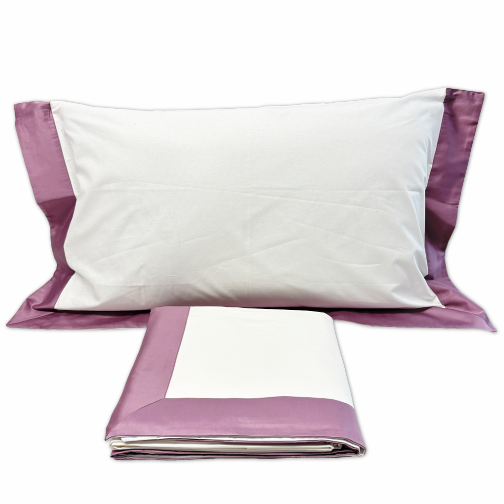 Completo Lenzuola CREOLE Cotone Balza Raso Panna/Malva Matrimoniale Personalizzato