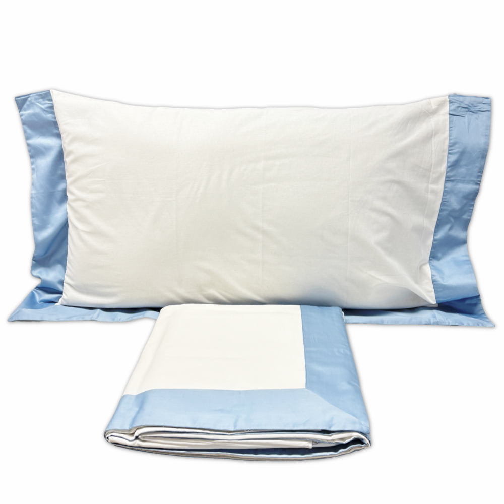Completo Lenzuola CREOLE Cotone Balza Raso Panna/Azzurro Matrimoniale Personalizzato