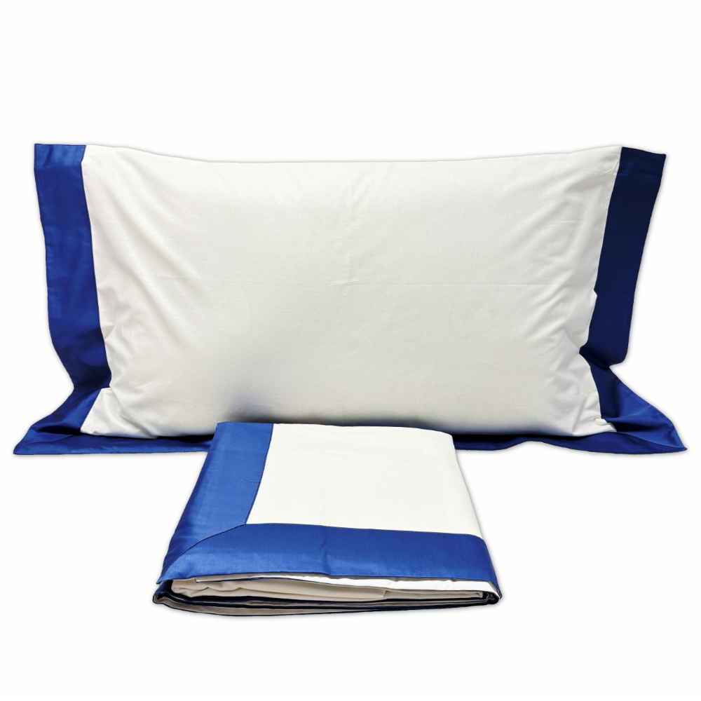 Completo Lenzuola CREOLE Cotone Balza Raso Panna/Blu Matrimoniale Personalizzato