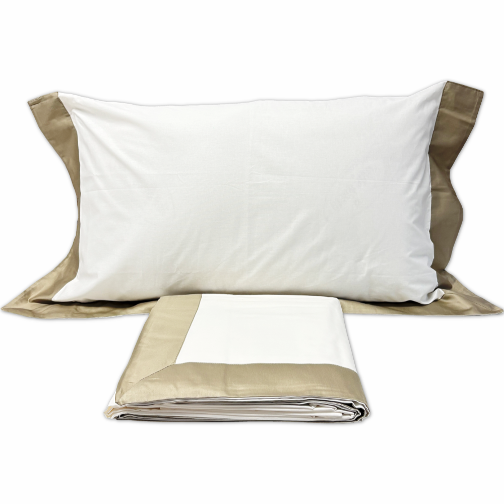 Completo Lenzuola CREOLE Cotone Balza Raso Panna/Sabbia Matrimoniale Personalizzato