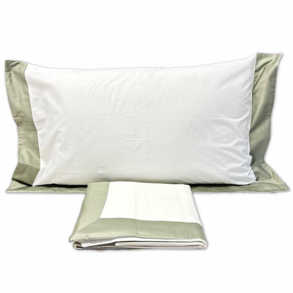 Completo Lenzuola CREOLE Cotone Balza Raso Panna/Oliva Matrimoniale Personalizzato