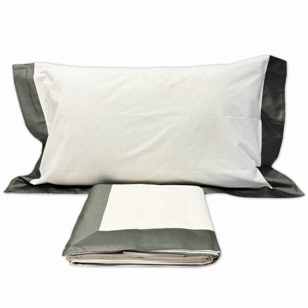 Completo Lenzuola CREOLE Cotone Balza Raso Panna/Muschio Matrimoniale Personalizzato