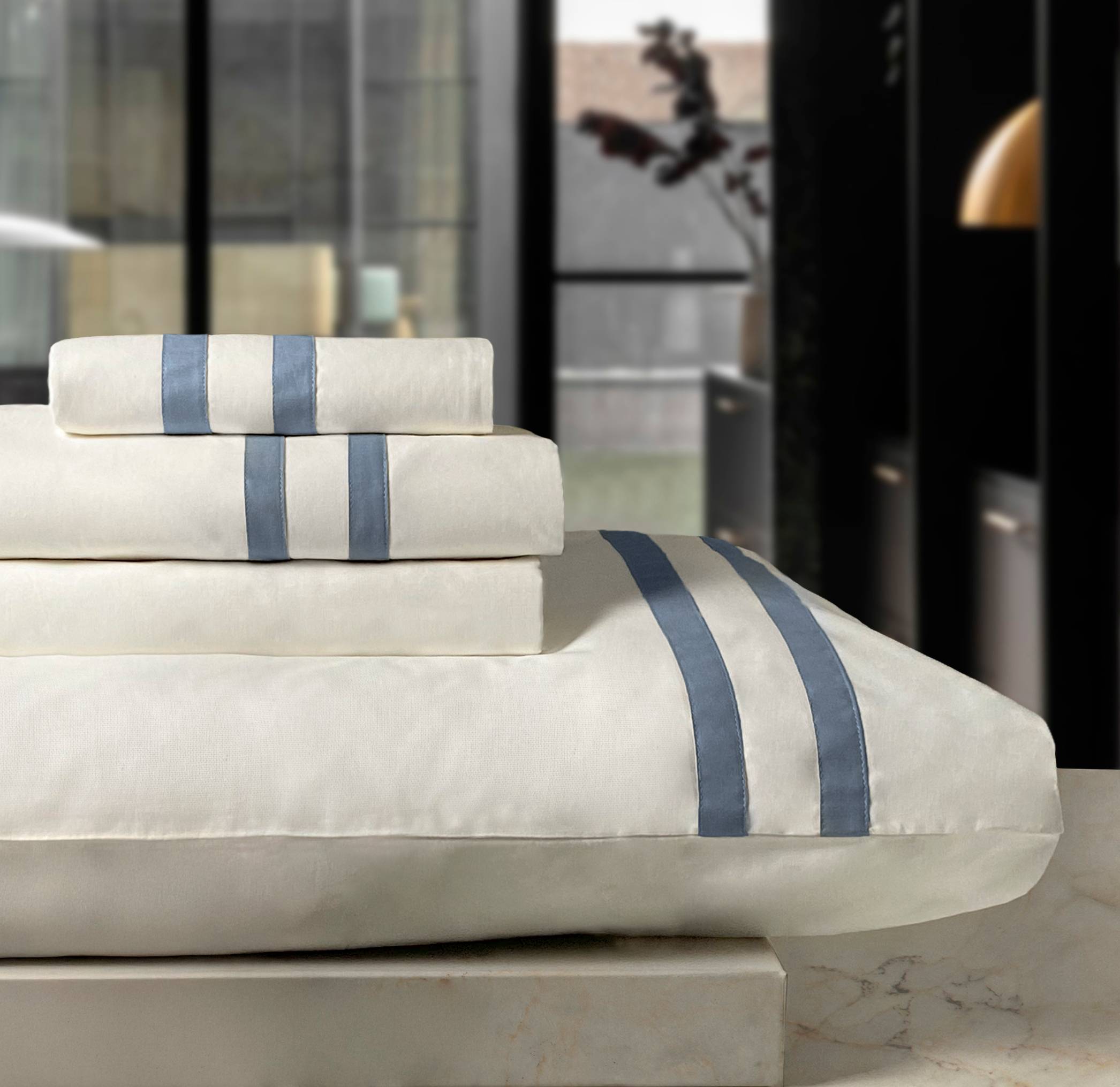 Completo Lenzuola Creole Bretagne Panna/Avio Matrimoniale Personalizzato