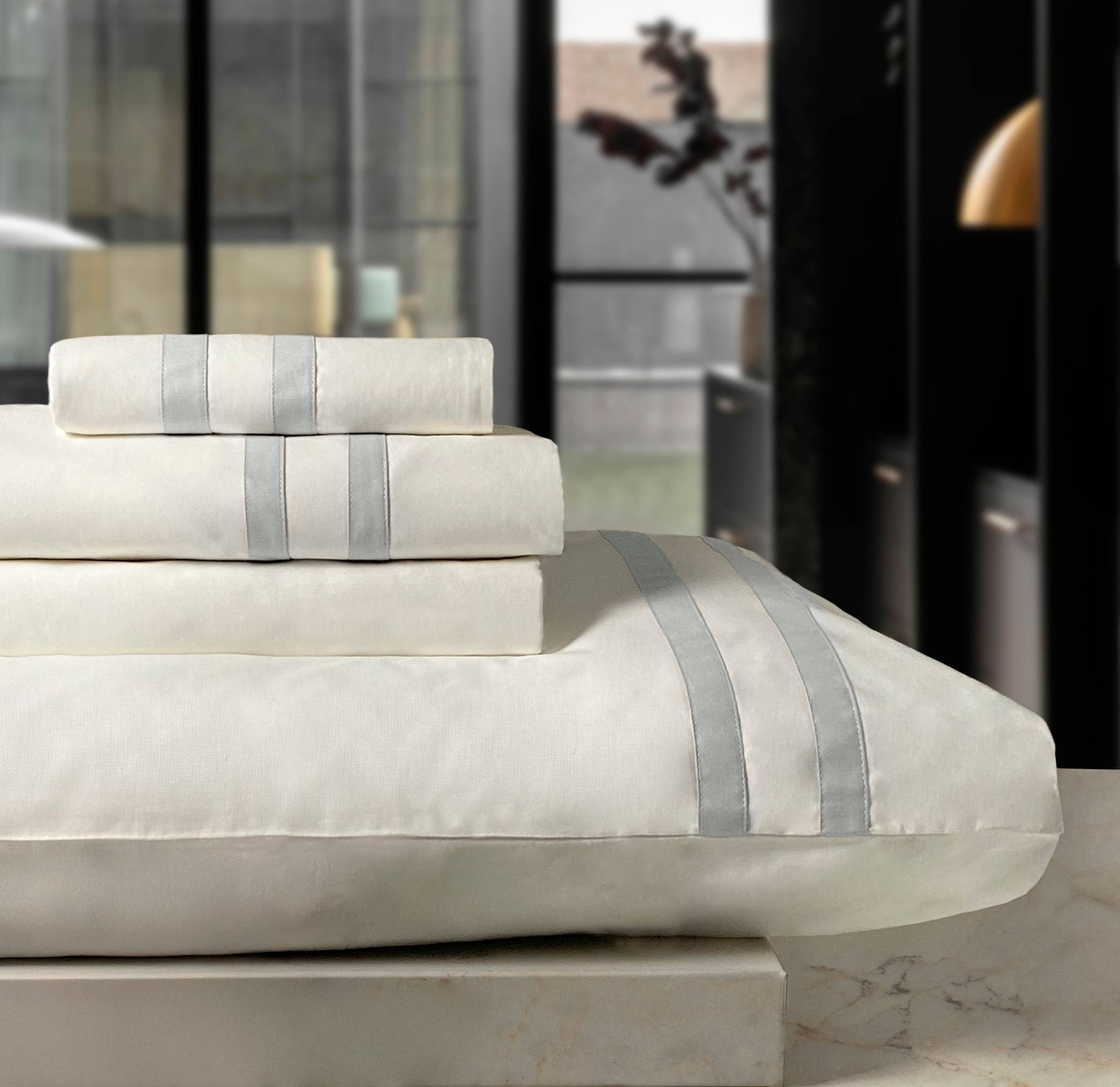 Completo Lenzuola Creole Bretagne Panna/Grigio Matrimoniale Personalizzato