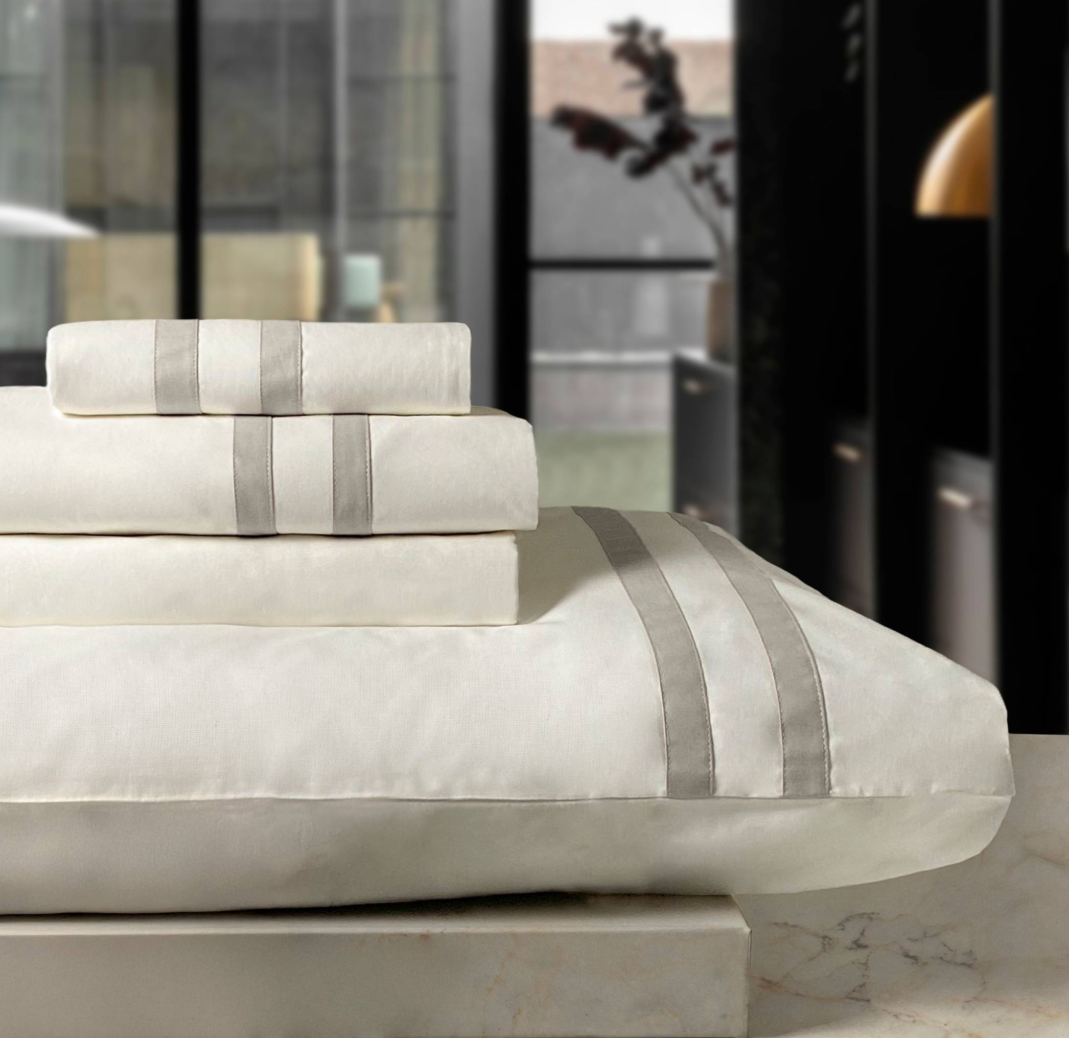 Completo Lenzuola Creole Bretagne Panna/Sabbia Matrimoniale Personalizzato