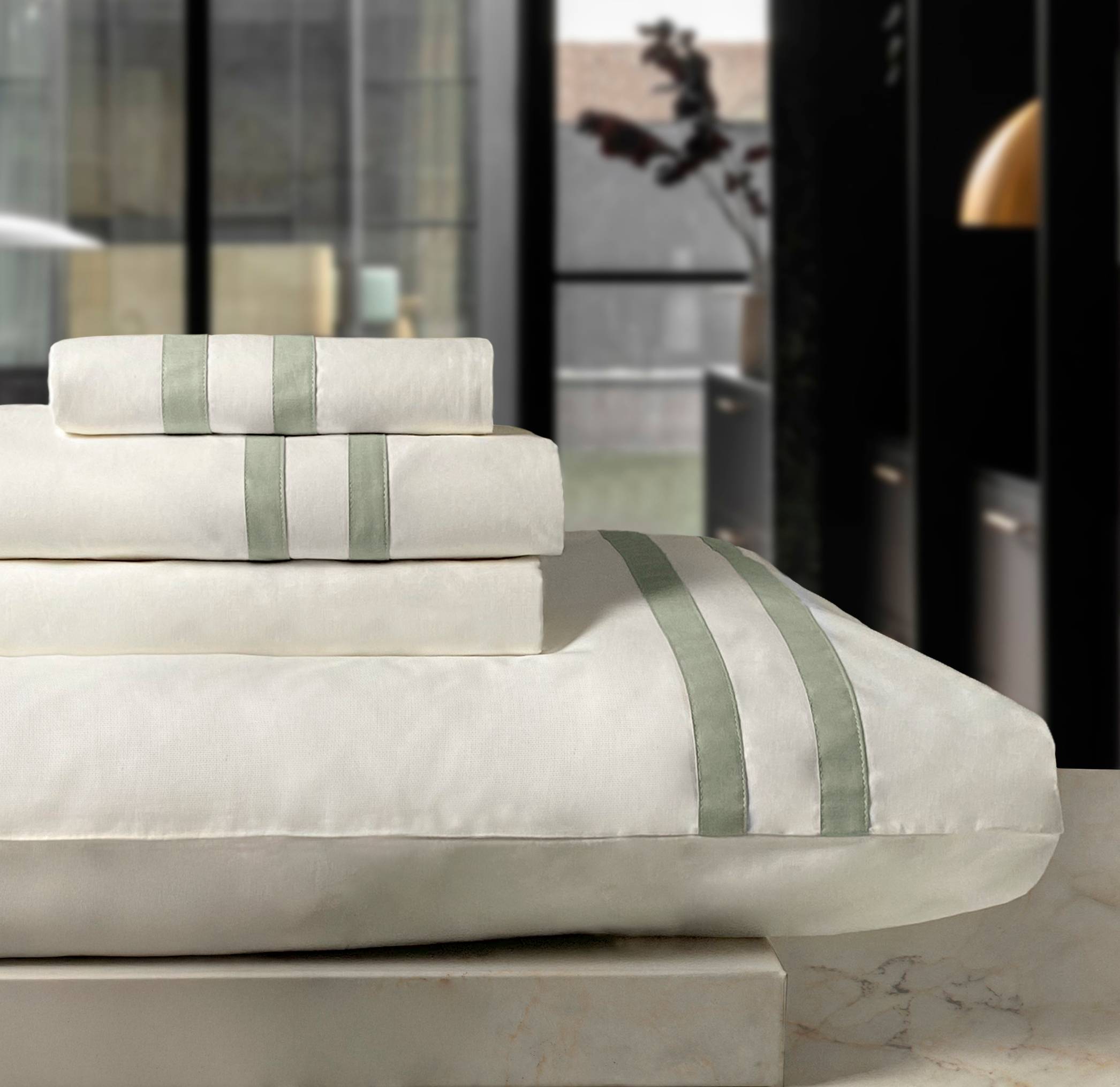 Completo Lenzuola Creole Bretagne Panna/Oliva Matrimoniale Personalizzato