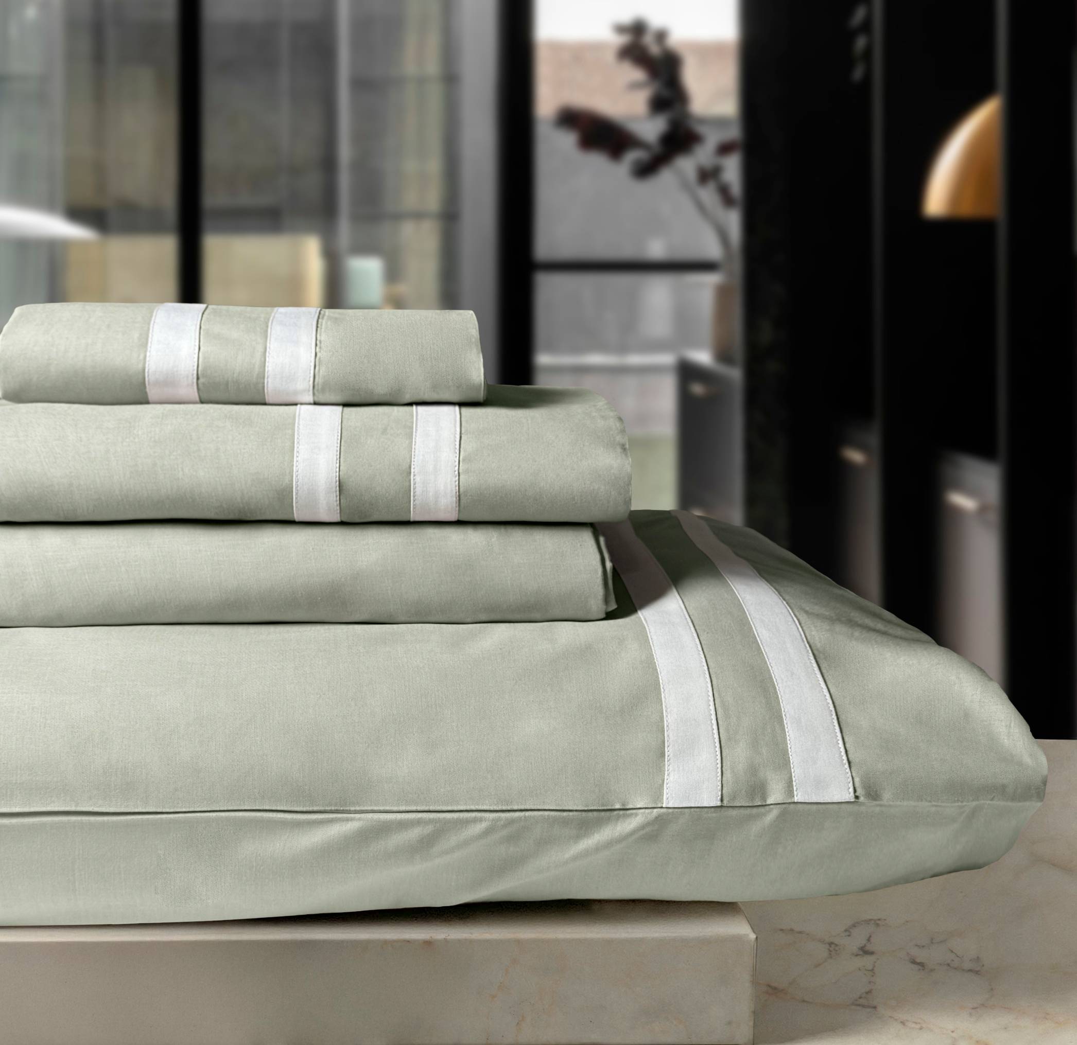 Completo Lenzuola Creole Bretagne Oliva Matrimoniale Personalizzato