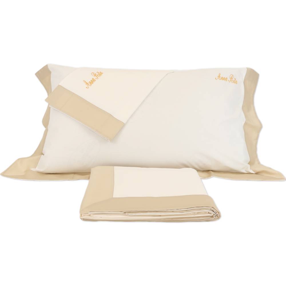 Completo Lenzuola CREOLE Cotone Balza Raso Panna/Corda Matrimoniale Personalizzato