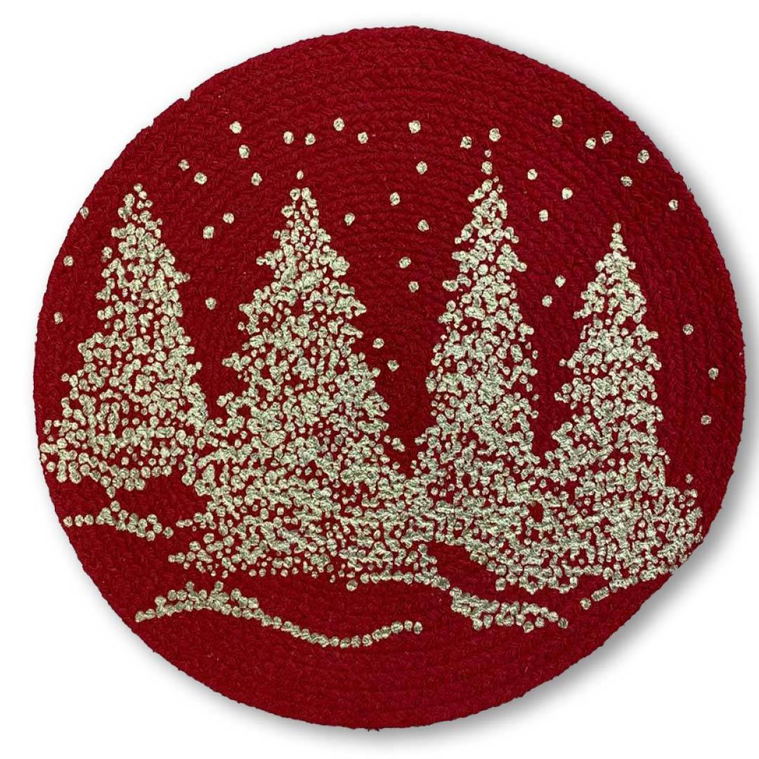 Sottopiatto Intrecciato in corda Prisma Alberi oro fondo rosso 36 cm