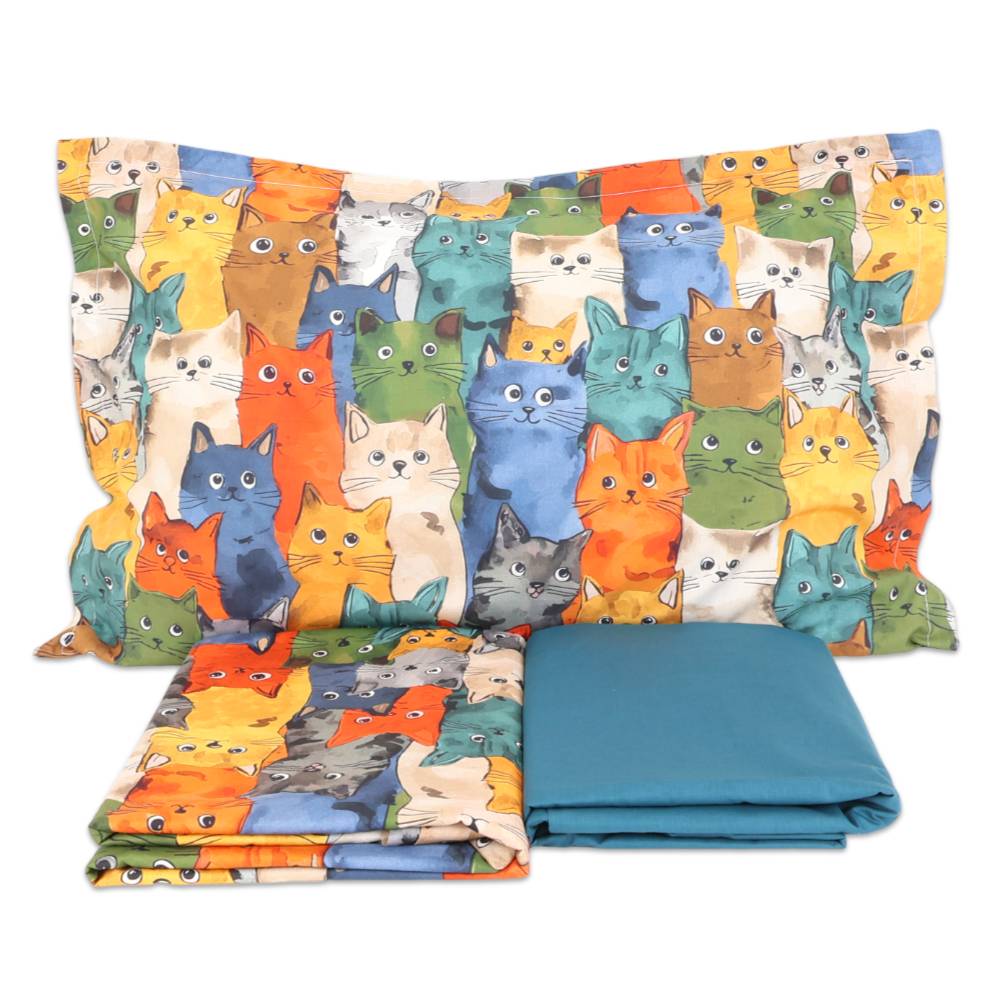 Completo Lenzuola cotone Percalle stampa digitale Gatti Family Matrimoniale