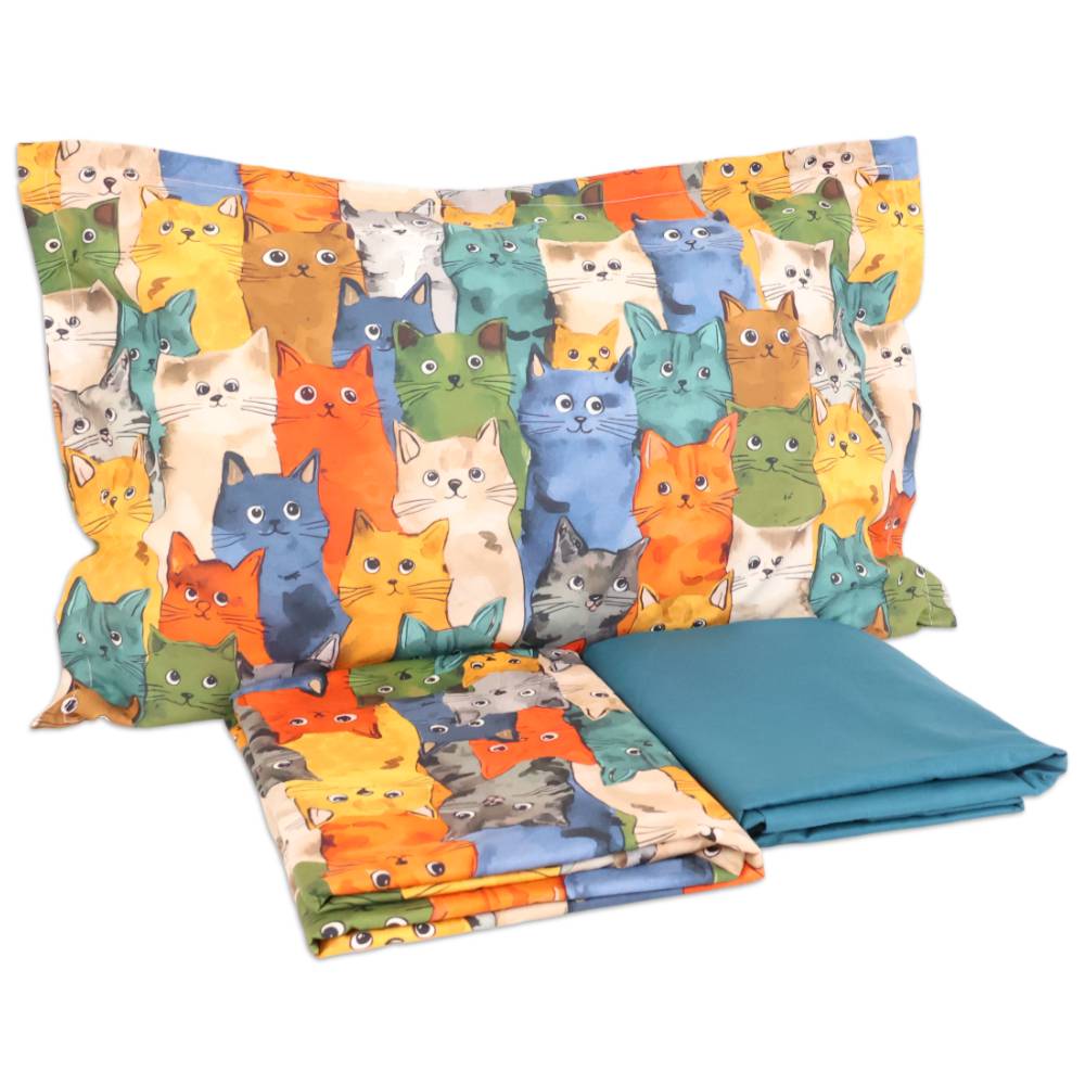 Completo Lenzuola cotone Percalle stampa digitale Gatti Family Matrimoniale