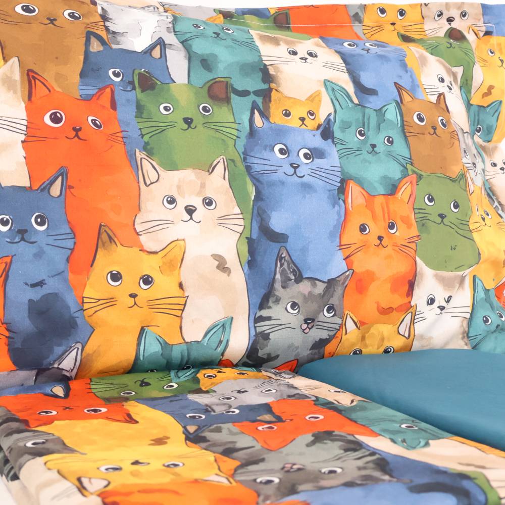 Completo Lenzuola cotone Percalle stampa digitale Gatti Family Matrimoniale